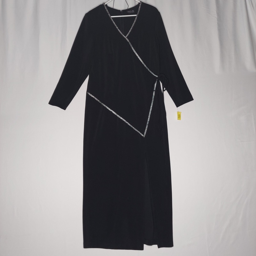 Onyx Nite Maxi Dress 14‎ Black Faux Wrap Diamond Jewel Tie VNeck Long Sleeve Zip
